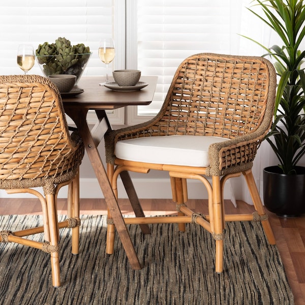 Baxton Studio Kyle Modern Bohemian Natural Brown Woven Rattan Dining Side Chair With Cushion 212-12803-ZORO - main